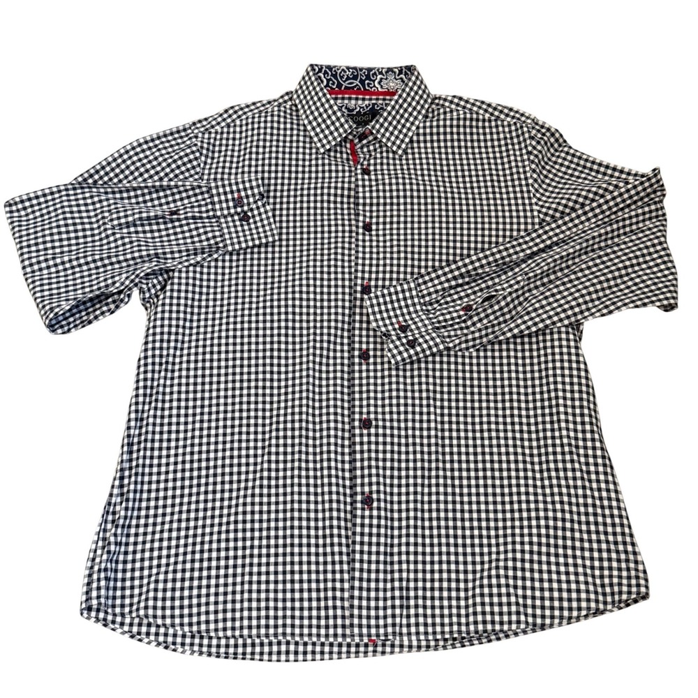 Coogi Luxe Mens XL Gingham Button Down Shirt Black‎ White Paisley Trim Cotton